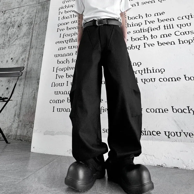 American Style Men's Casual Pants Arcuate Folded Straight Wide Leg Solid Color Loose Male Trousers Autumn 9C7001