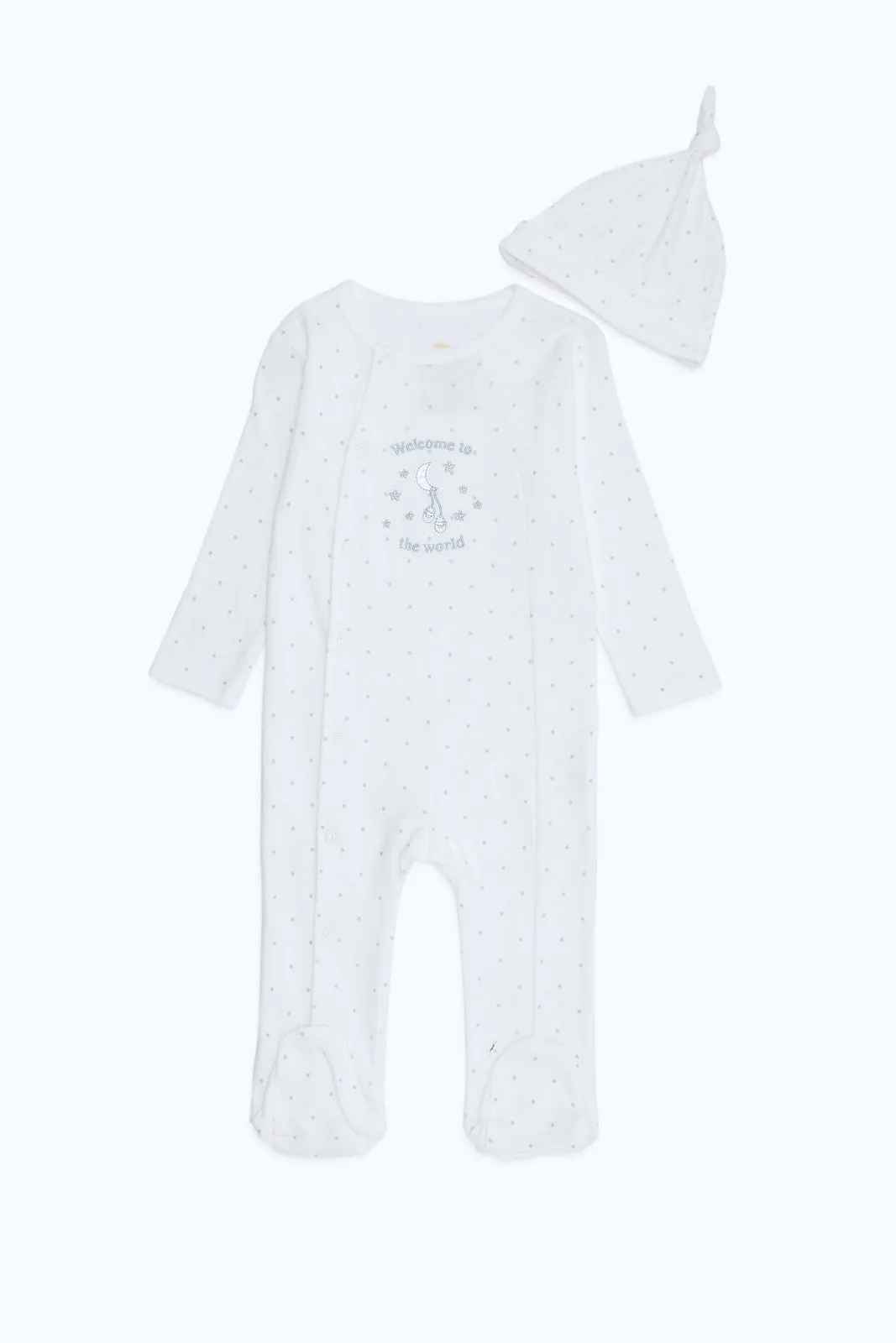 Babies White Embroidered Sleepsuit With Beanie (2 Piece)
