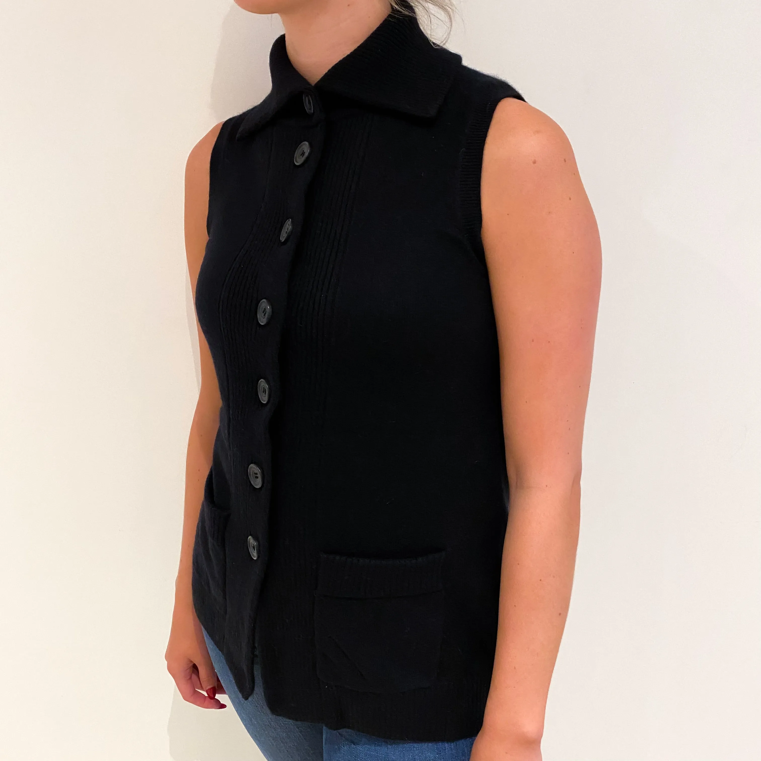 Black Cashmere Sleeveless Collared Gilet Small