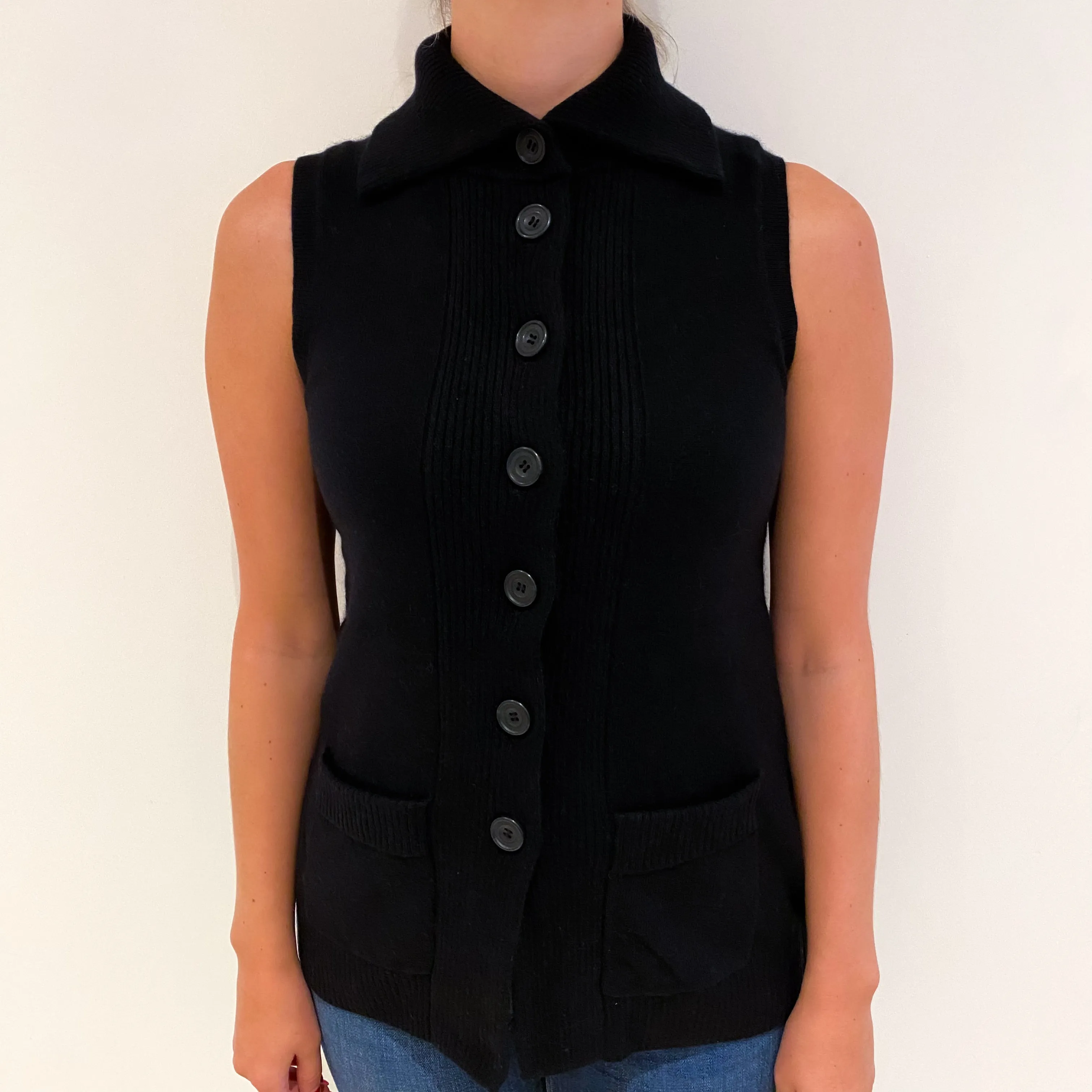 Black Cashmere Sleeveless Collared Gilet Small