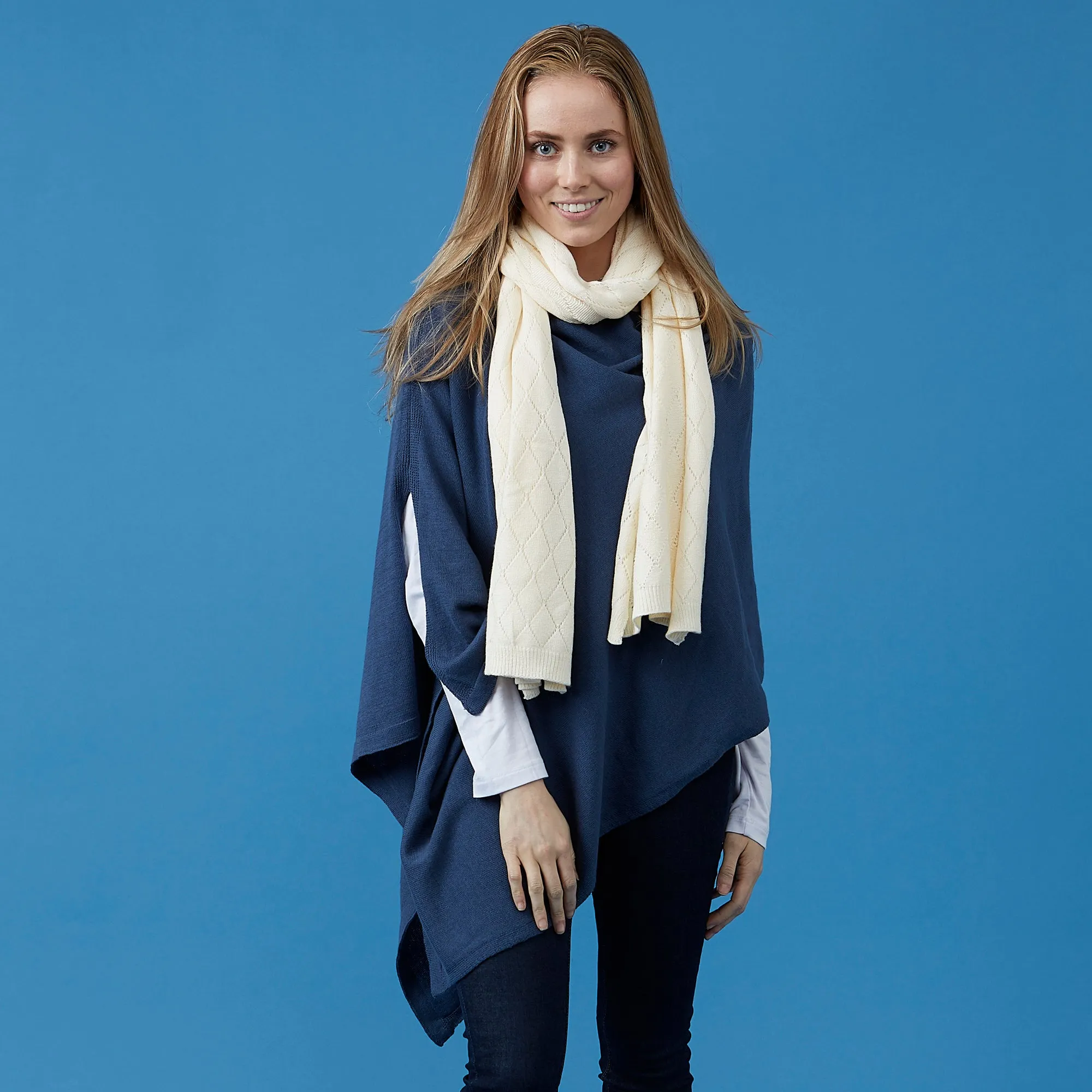 Elegant Solid Cotton Poncho - Slate Blue
