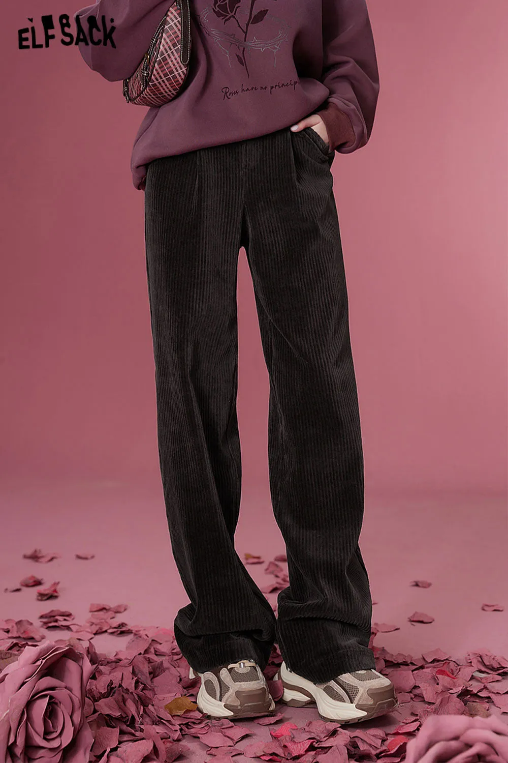 ELFSACK Korean Fashion Corduroy Pants Women 2023 Winter New Sports Trousers