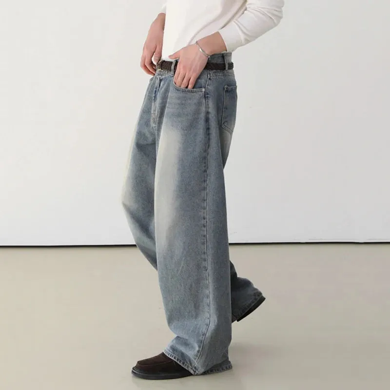 Korean Style Men's Denim Pants Worn-out Wshing Straight Casual Trousers Wide Leg Loose Solid Color Male Jeans 9C6909