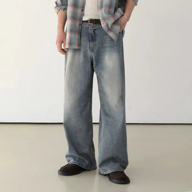 Korean Style Men's Denim Pants Worn-out Wshing Straight Casual Trousers Wide Leg Loose Solid Color Male Jeans 9C6909