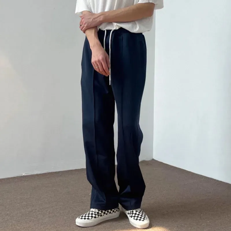 Men Straight Pants Center Line Design Solid Color Loose Elastic Waist Casual Trousers Summer Trendy Male 28W3840