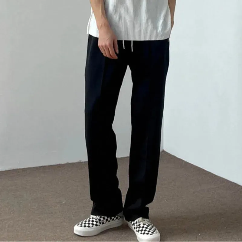 Men Straight Pants Center Line Design Solid Color Loose Elastic Waist Casual Trousers Summer Trendy Male 28W3840