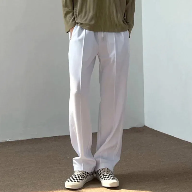 Men Straight Pants Center Line Design Solid Color Loose Elastic Waist Casual Trousers Summer Trendy Male 28W3840
