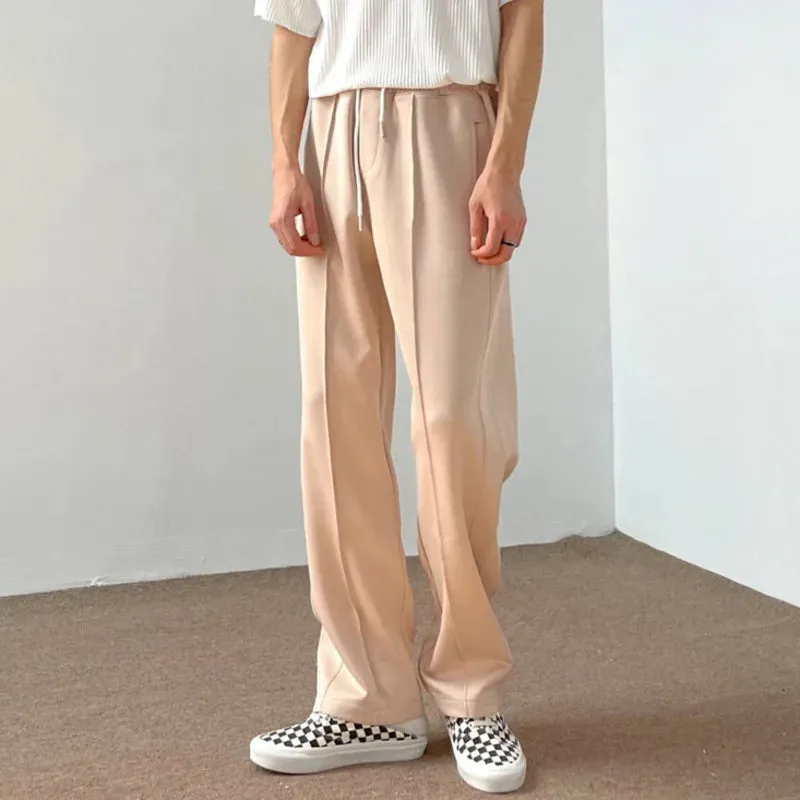 Men Straight Pants Center Line Design Solid Color Loose Elastic Waist Casual Trousers Summer Trendy Male 28W3840