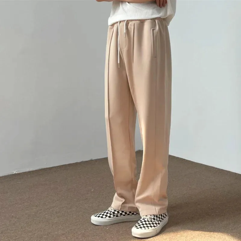 Men Straight Pants Center Line Design Solid Color Loose Elastic Waist Casual Trousers Summer Trendy Male 28W3840