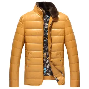 Men's Leather Down Jacket Coat with Mink Collar – Luxurious & Warm