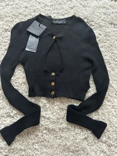 New Versace Medusa CutOut Wool Cardigan,Black