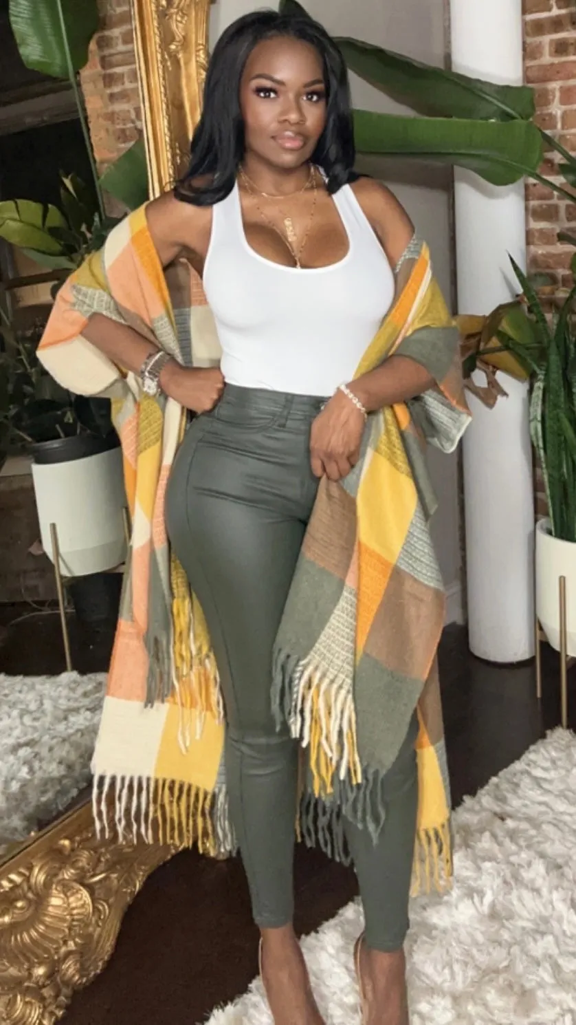 Plaid Fringed Poncho - Yellow