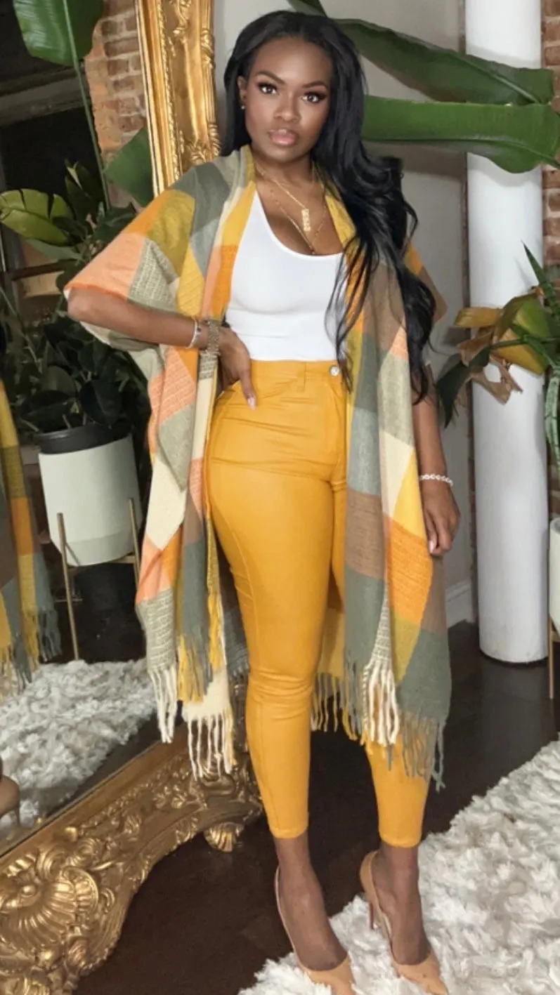 Plaid Fringed Poncho - Yellow