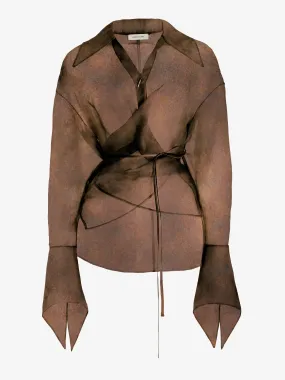 SILK SATIN ORGANZA STITCHES WRAP SHIRT - RUST BROWN (Pre-order)