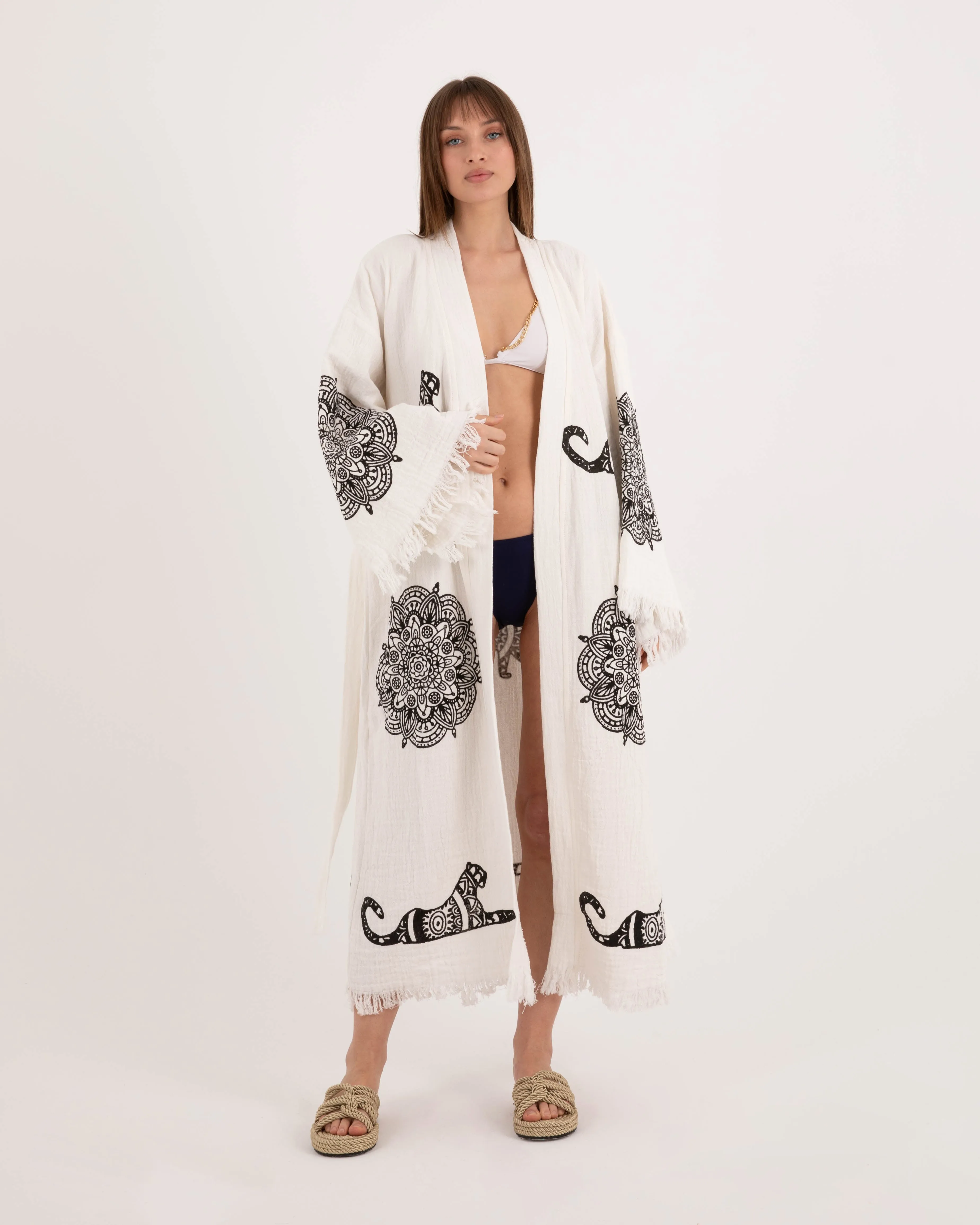 White Kimono Robe with Black Leopard Pattern
