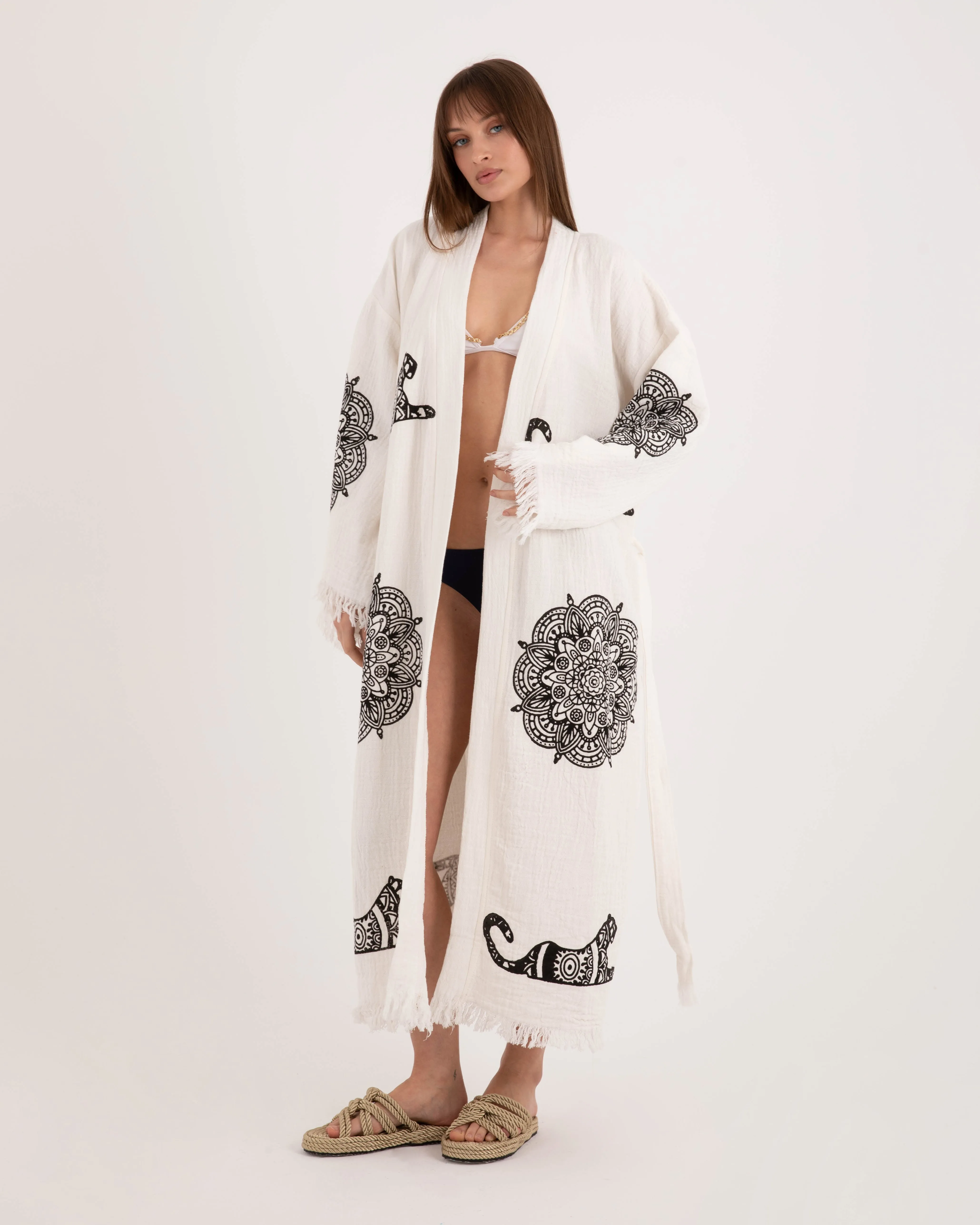 White Kimono Robe with Black Leopard Pattern