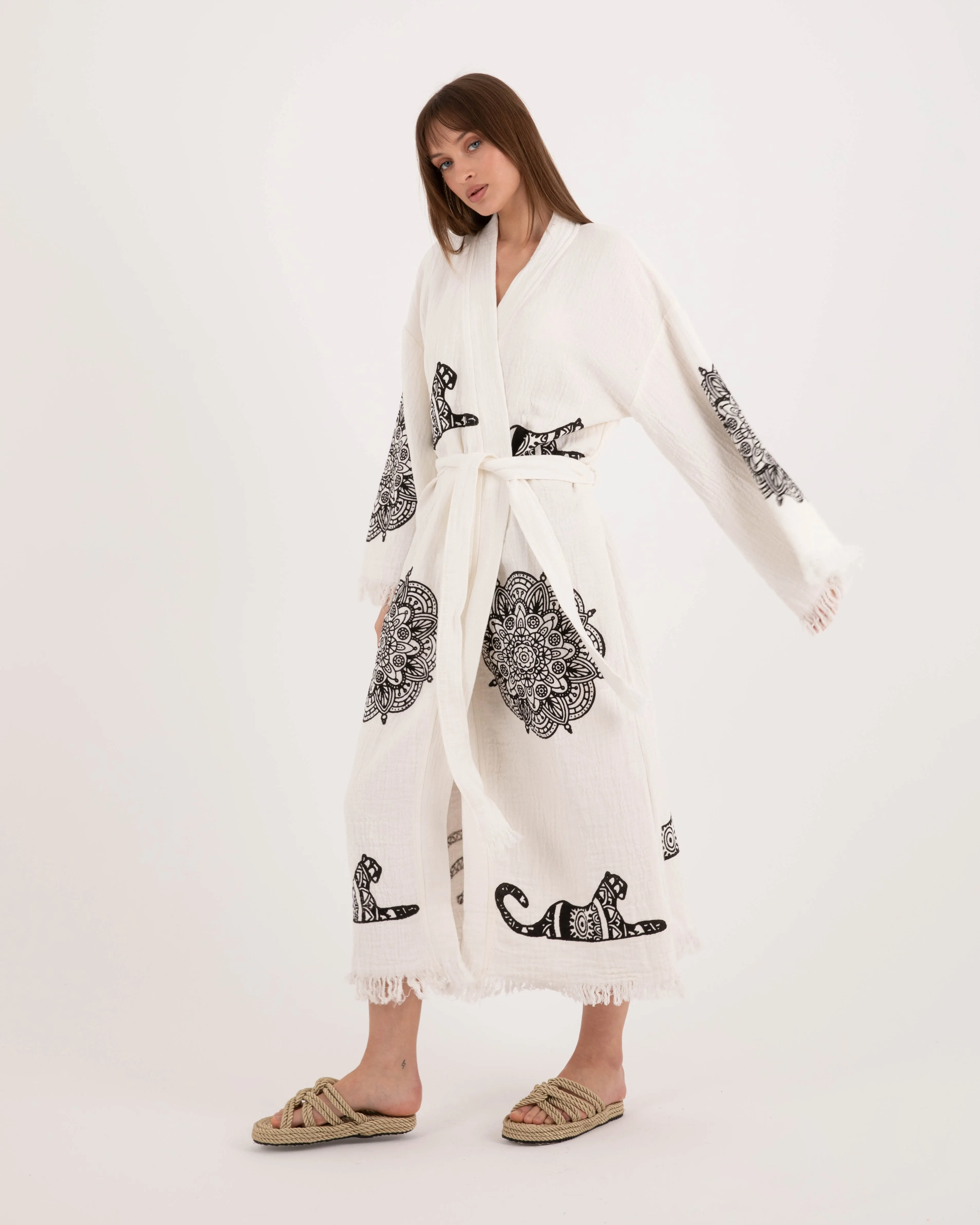 White Kimono Robe with Black Leopard Pattern