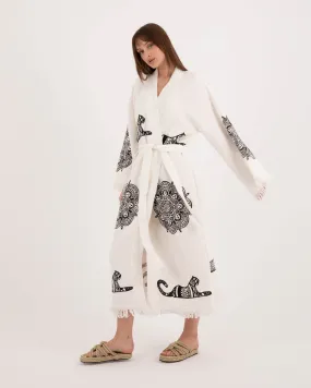 White Kimono Robe with Black Leopard Pattern