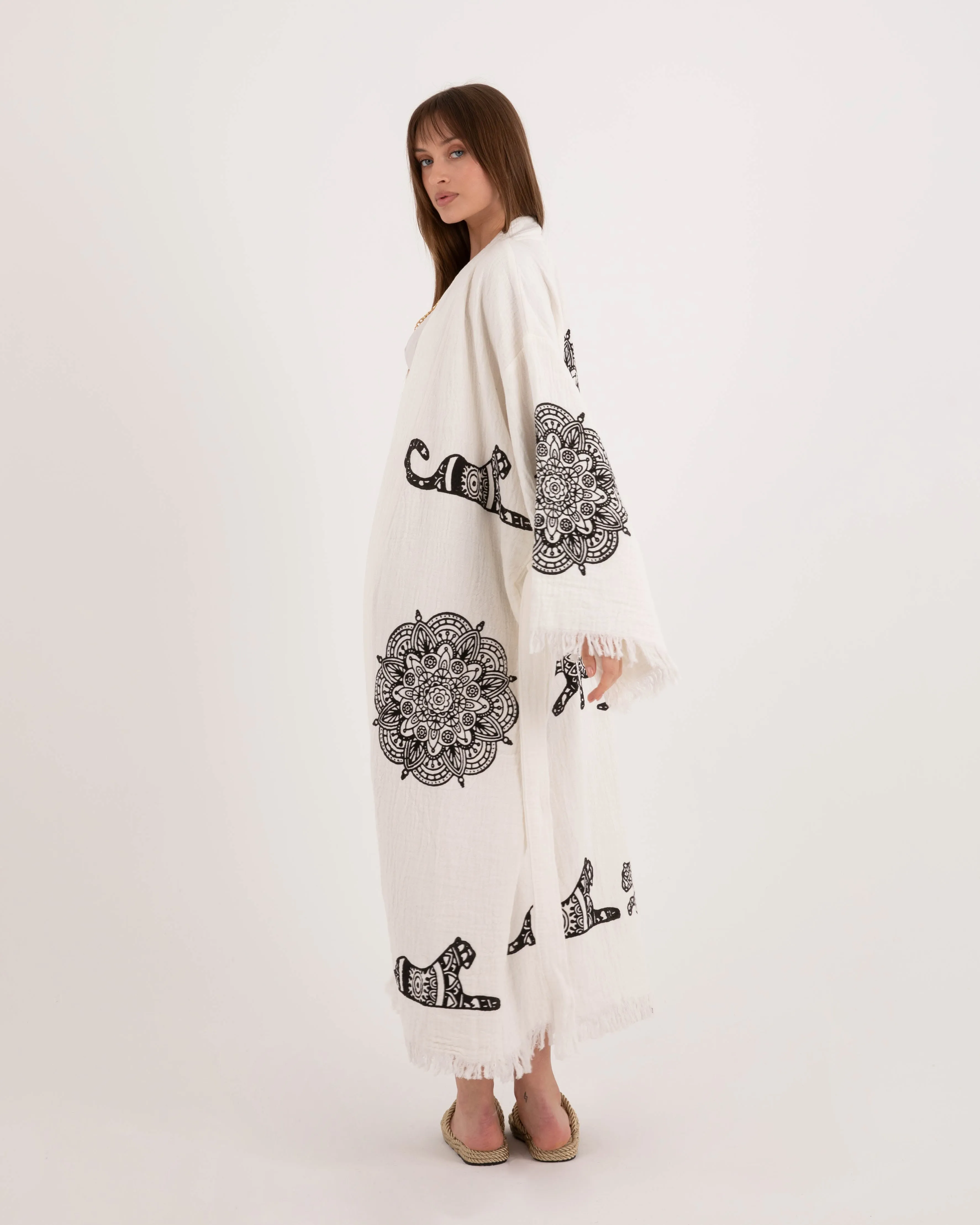 White Kimono Robe with Black Leopard Pattern