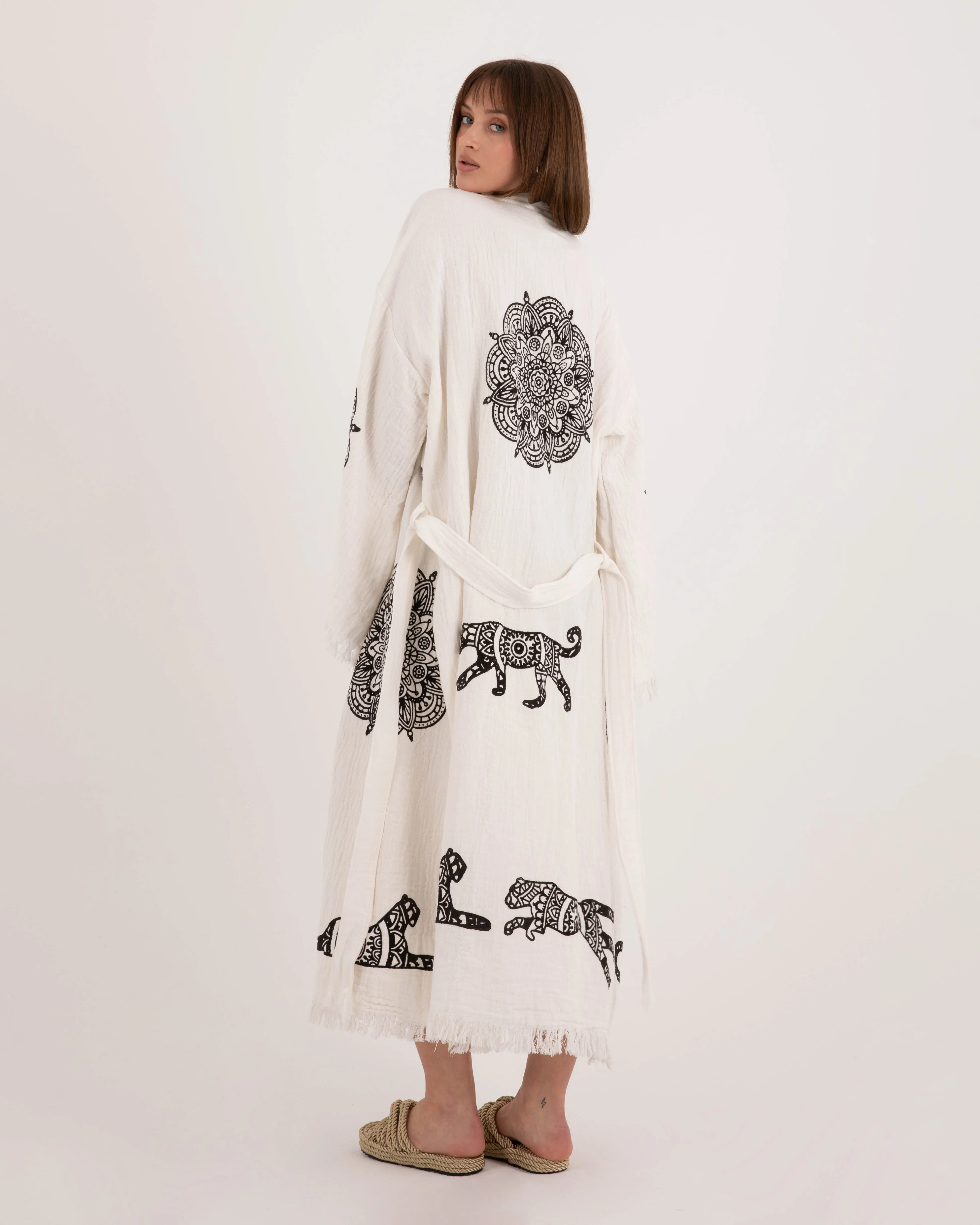 White Kimono Robe with Black Leopard Pattern