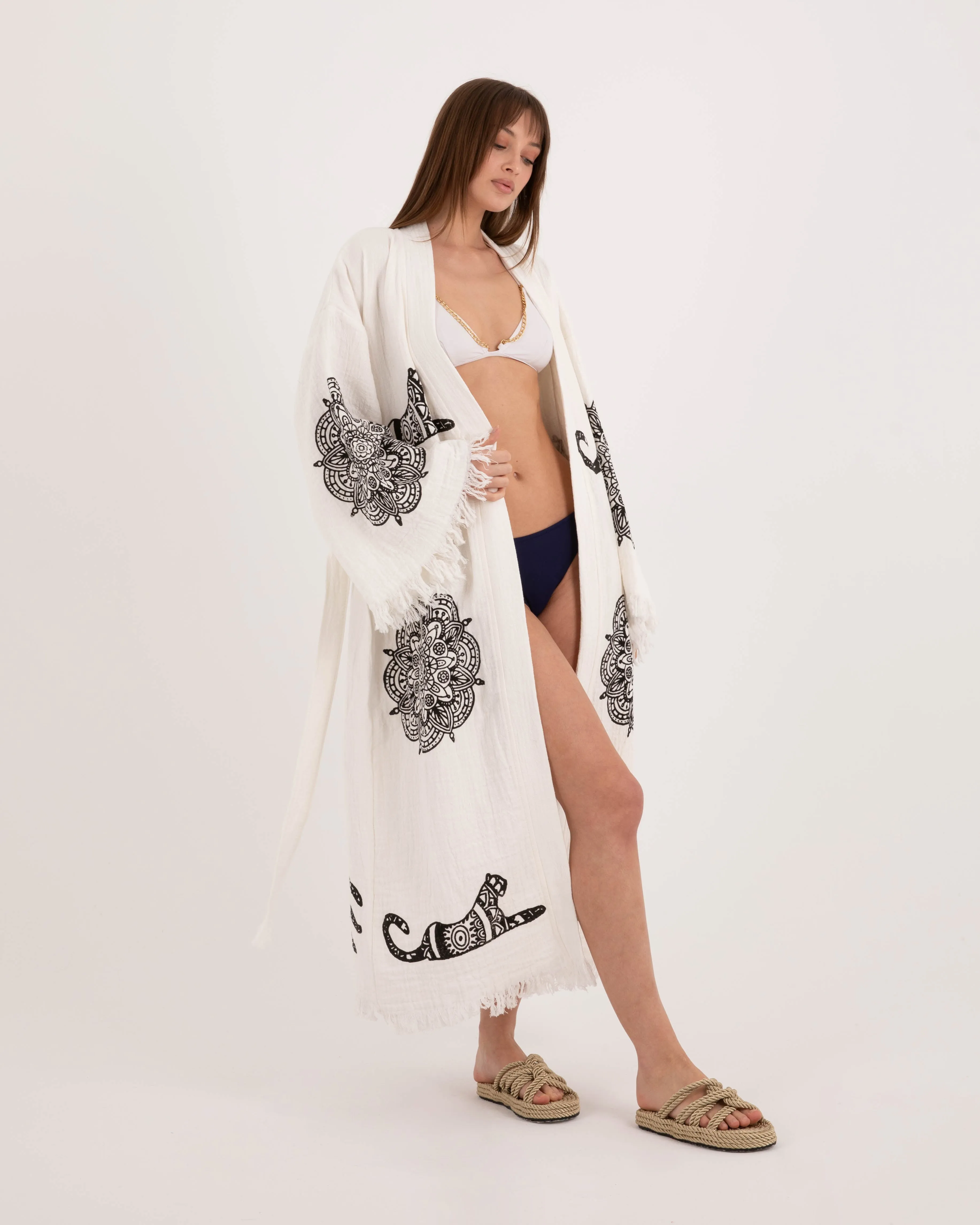 White Kimono Robe with Black Leopard Pattern