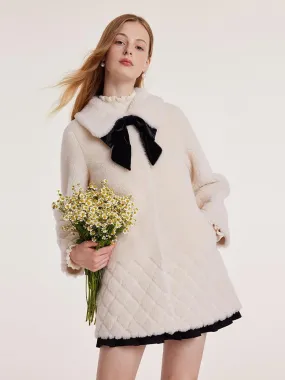White Mid-Length Velour Coat With Bowknot