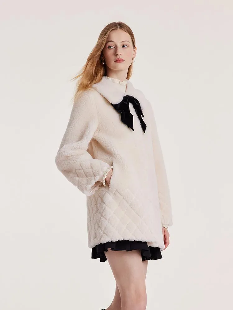 White Mid-Length Velour Coat With Bowknot