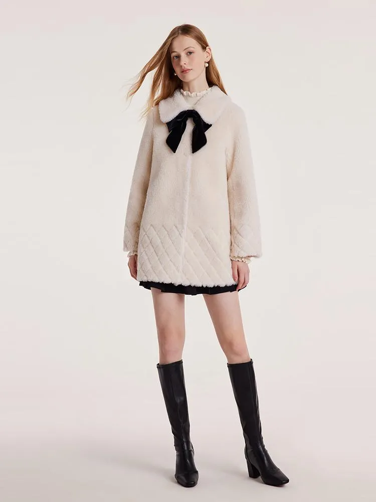 White Mid-Length Velour Coat With Bowknot